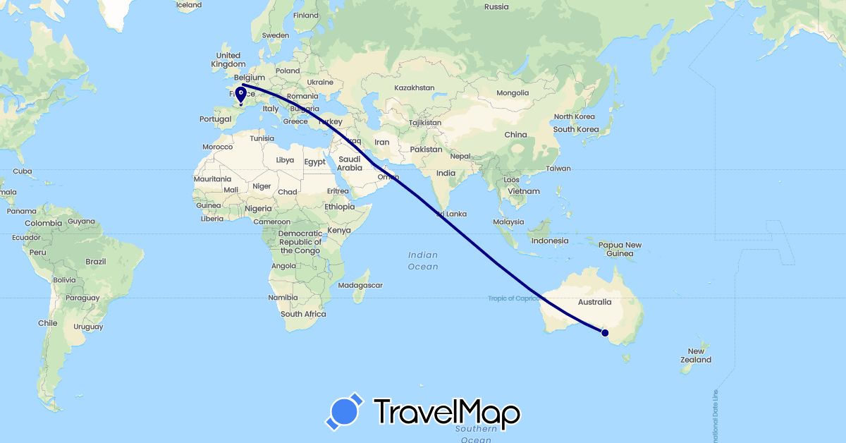TravelMap itinerary: driving in Australia, France, Qatar (Asia, Europe, Oceania)